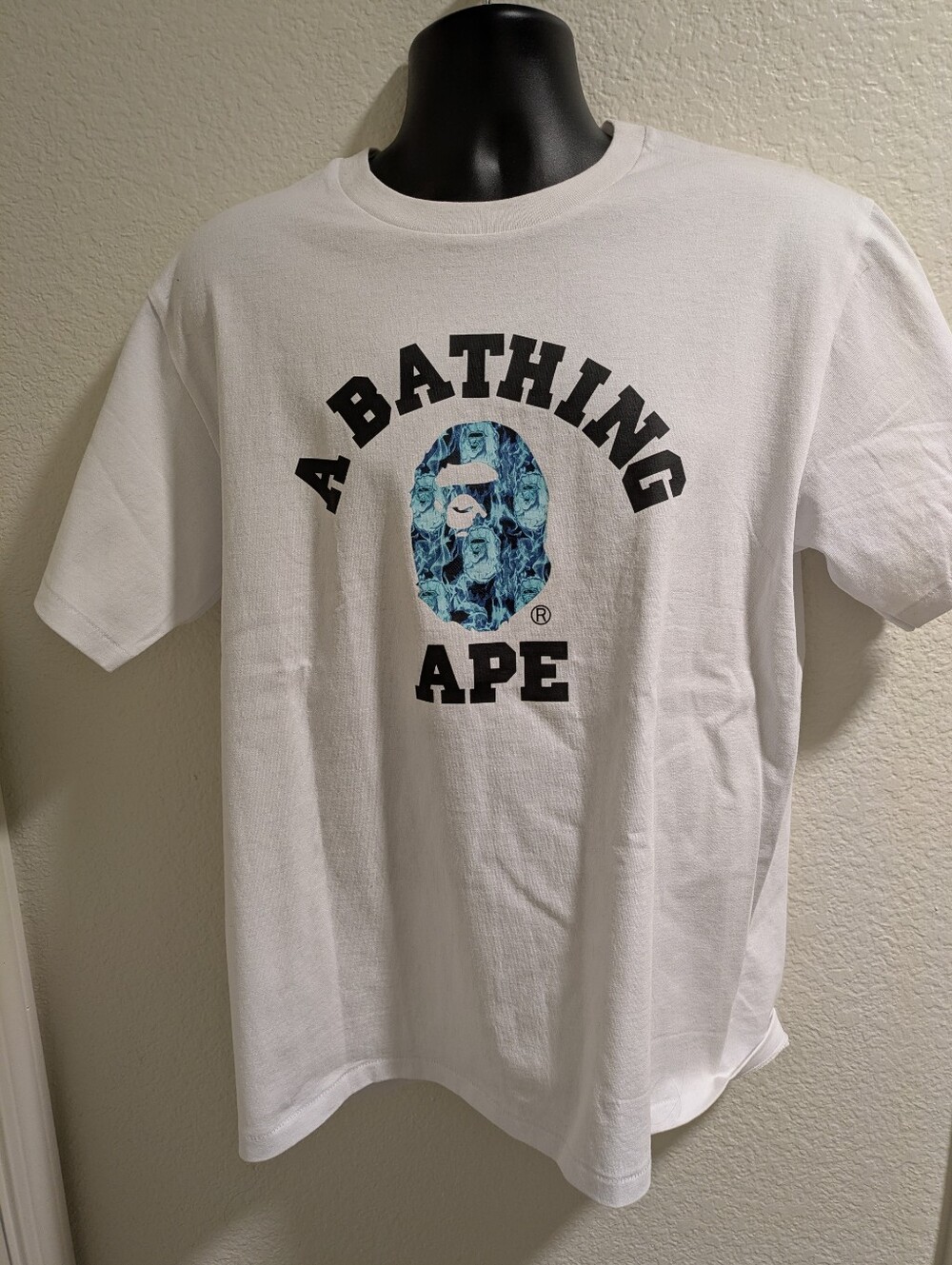 NWOT BAPE A Bathing Ape White College Tee Blue Camo Ape Head T-Shirt Size L